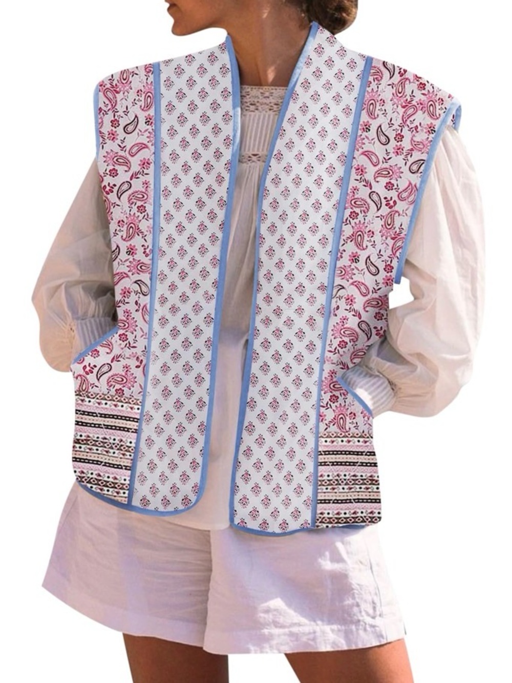 Boho Printed Sleeveless Vest in White and Pink